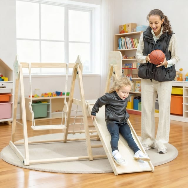 5-in-1-indoor-klettergerüst Mit Rutsche, Schaukel Und Basketballkorb, Naturholz