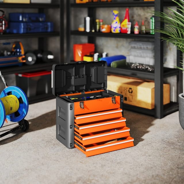 Leerer Werkzeugkasten Aus Stahl, 4 Schubladen, 49,7 X 25,3 X 40,7 Cm, Orange