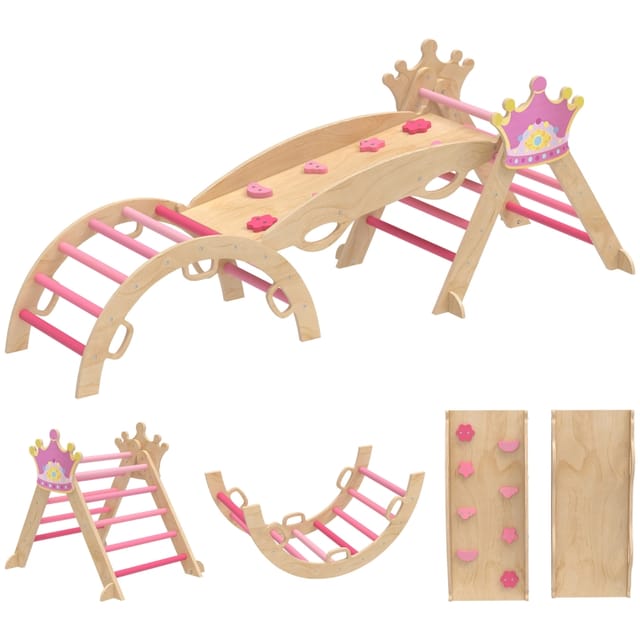 8-in-1 Indoor-klettergerüst Für Kinder, Prinzessinnen-design, Holz, Rosa