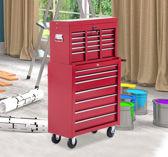 Redom Werkstattwagen Aus Stahl, 16 Schubladen, 4 Rollen, 61,5 X 33 X 113 Cm, Rot