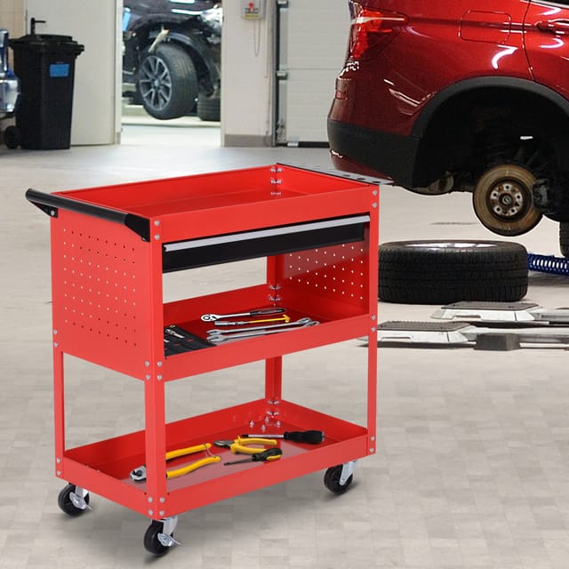 Redom Werkzeugwagen Aus Stahl, 3 Ebenen, Schublade, 4 Rollen, 82 X 35 X 76 Cm, Rot