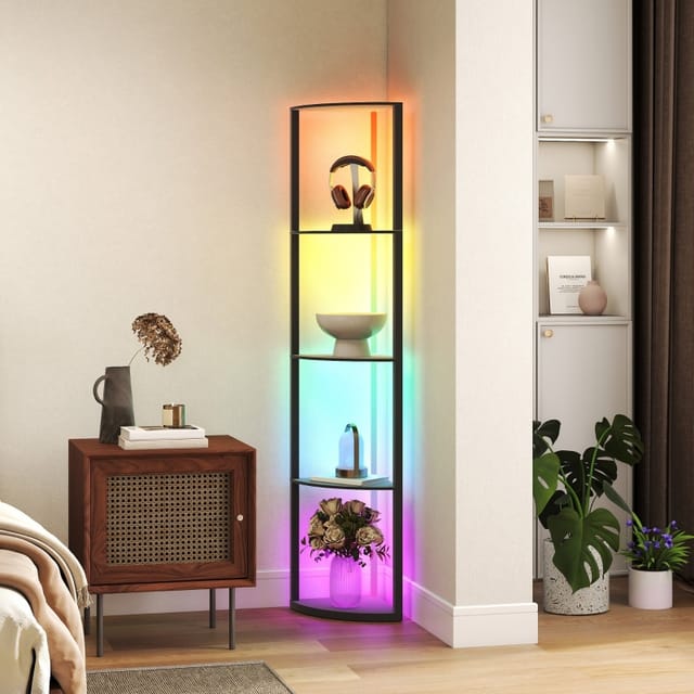 Led-stehlampe Mit 5 Ablageebenen, Rgb-beleuchtung, Fernbedienung, Mdf, Schwarz, 163 Cm