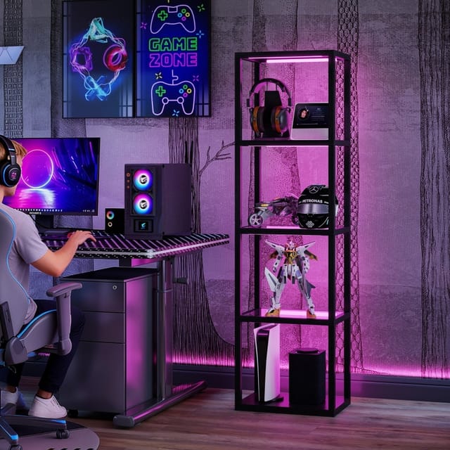 Redom Rgb-led-stehleuchte Mit 3 Glasablagen, 4 Ebenen, Fernbedienung, Schwarz