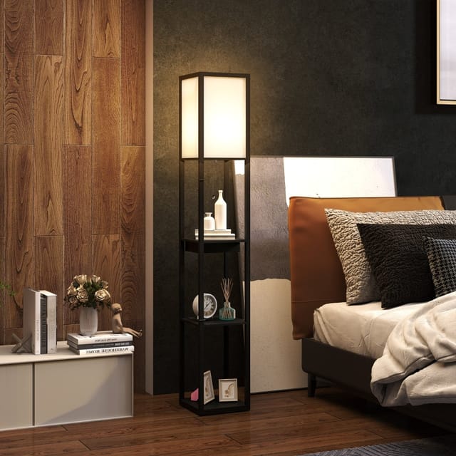Stehlampe Mit Regalen, E27, Usb-a, Usb-c Und Steckdose, Schwarzes Mdf, 159 Cm