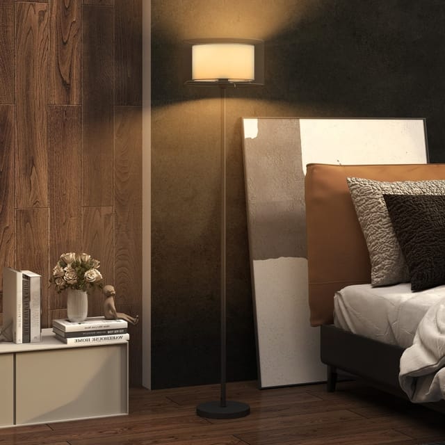 Schwarze Stehlampe Mit Zweifarbigem Stoffschirm, E27, Fußschalter, 152,5 Cm