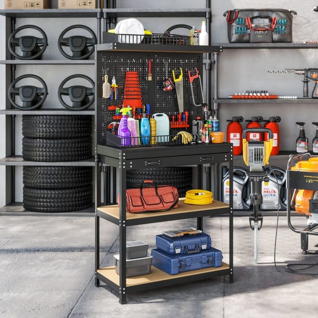 Redom Werkbank Mit Lochwand, Schublade Und 2 Ablagen, 80 X 40,5 X 155 Cm, Stahl/mdf, Schwarz