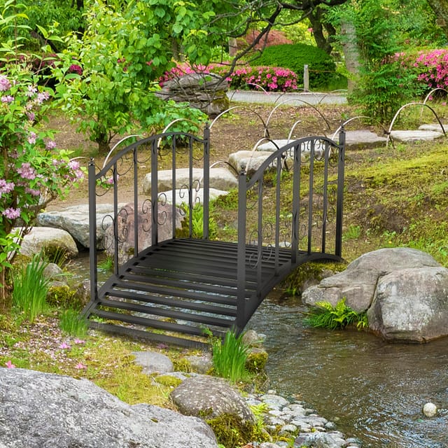 Gartenbrücke Aus Schwarzem Stahl, 119 Cm, Mit Geländern Und Blumenmuster