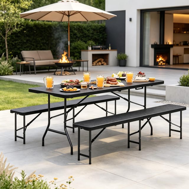 Klappbare Gartengarnitur Mit 1 Tisch Und 2 Bänken, Hdpe Und Metall, Schwarz, 180 X 74 X 70 Cm