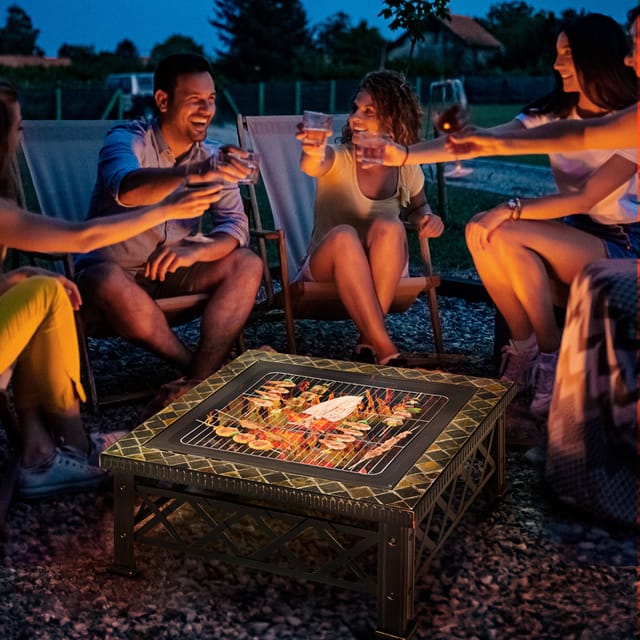 Quadratische 3-in-1-feuerschale Mit Grillrost Und Funkenschutz, Stahl, Schwarz, 76 X 76 X 47 Cm