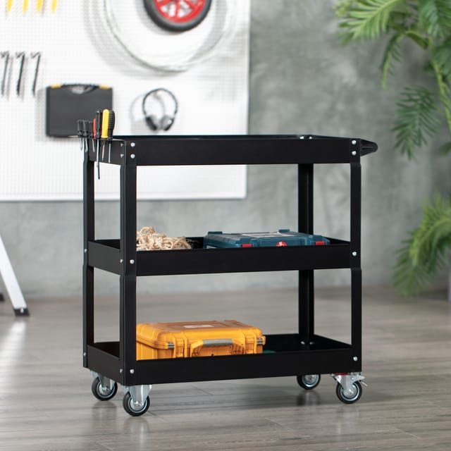 3-stufiger Werkstattwagen Aus Stahl Mit Rollen Und Griff, 83 X 35,3 X 76 Cm, Schwarz