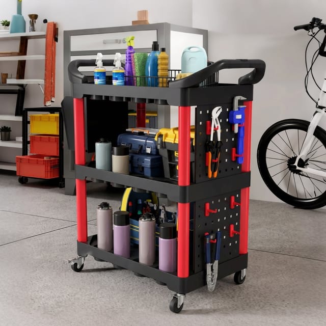 3-stufiger Werkzeugwagen Mit Lochwänden, Haken Und Ablagebehälter, Schwarz, 95 X 43 X 96 Cm