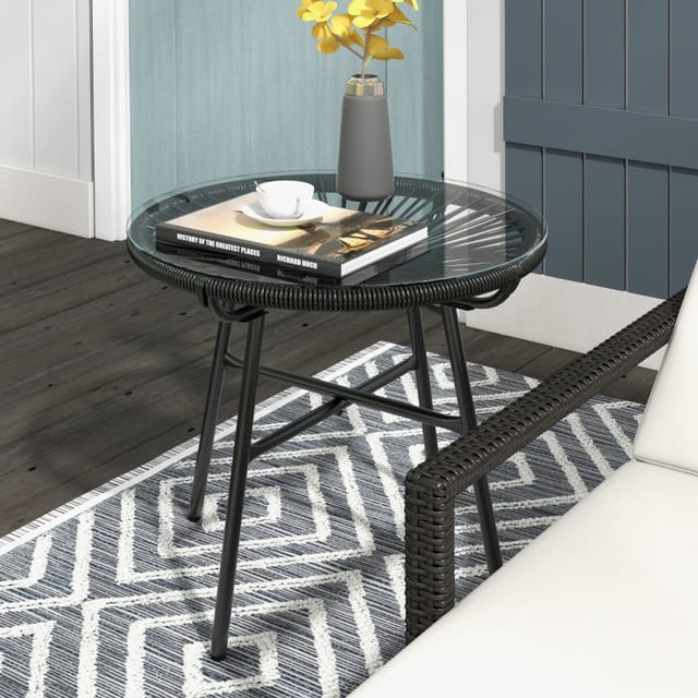 Redom Garten-beistelltisch Im Boho-stil, Pe-rattan, Gehärtetes Glas, 50 X 50 X 50 Cm, Schwarz