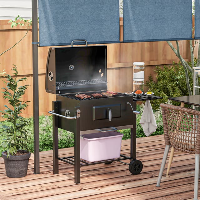 Holzkohle-grillwagen Mit Deckel, Grillfläche 55 X 41,6 Cm, Edelstahl, Schwarz