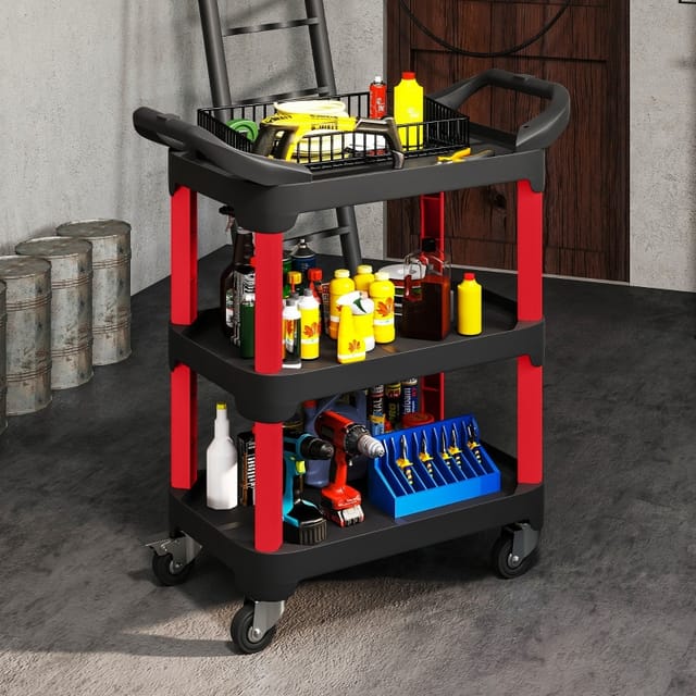 Werkstattwagen Mit 3 Ebenen Und Griff, 81 X 43 X 96 Cm, Kunststoff, Schwarz