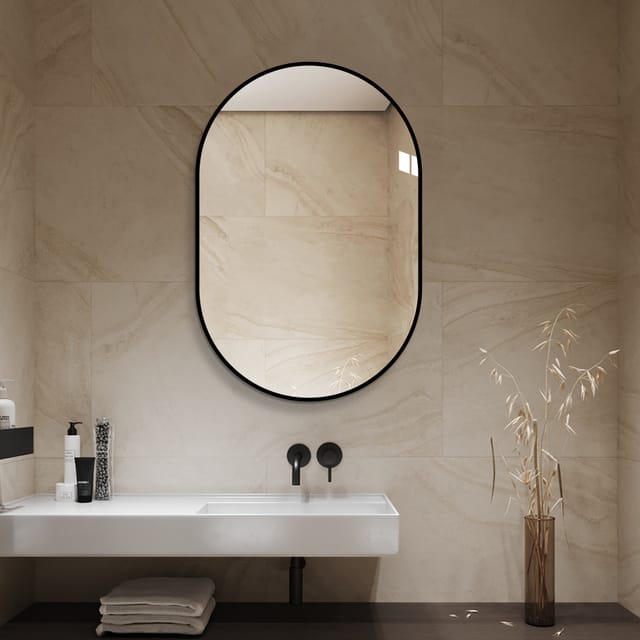 Bogenförmiger Wandspiegel 60 X 90 Cm, Schwarzer Aluminiumrahmen, Kupferfreies Hd-glas