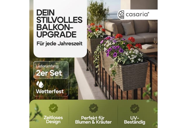 Blumenkasten Balkonkasten Pflanzkasten 11 Liter Montagehalterung Polyrattan Indoor Outdoor Geländerkasten Creme - Casaria