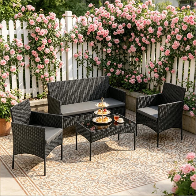 4-teiliges Gartenmöbel-set Aus Schwarzem Polyrattan Mit Glastisch Und Metallgestell