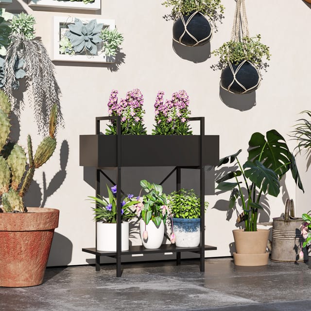 Pflanzenregal Aus Metall, 2 Ebenen, 60 X 25 X 70 Cm, Schwarz, Für Innen Und Au ßen