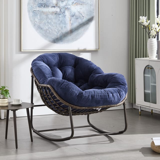 Outdoor-schaukelstuhl Aus Polyrattan Mit Kissen, 78 X 106 X 90 Cm, Marineblau