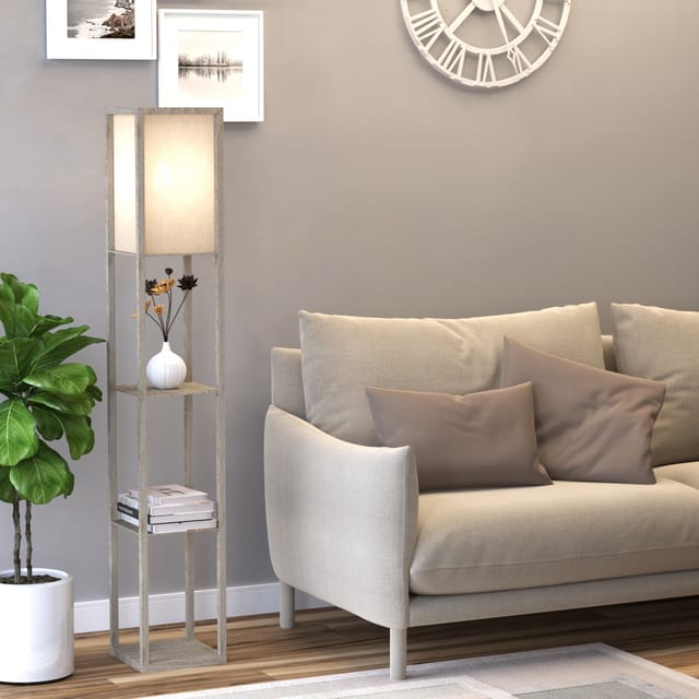 Stehleuchte Mit 3 Offenen Ablagen, E27 Max. 40 W, Mdf E1, Eiche/weiß, 26 X 26 X 160 Cm