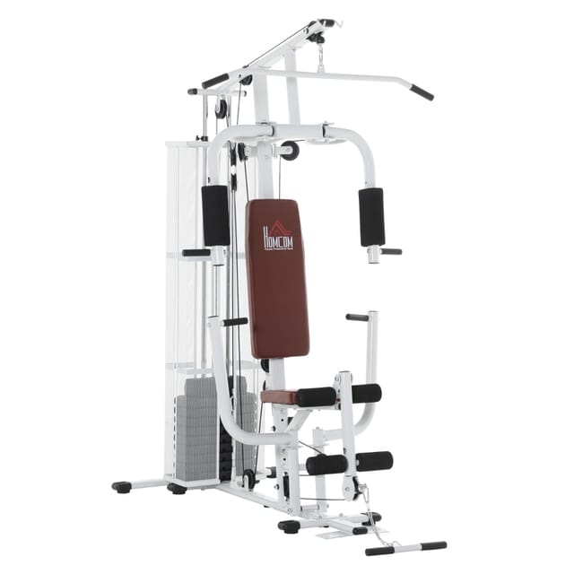 Multifunktionale Kraftstation Mit Oberem Seilzug Und Beinbeuger, Metall, Weiß, 150 X 110 X 210 Cm