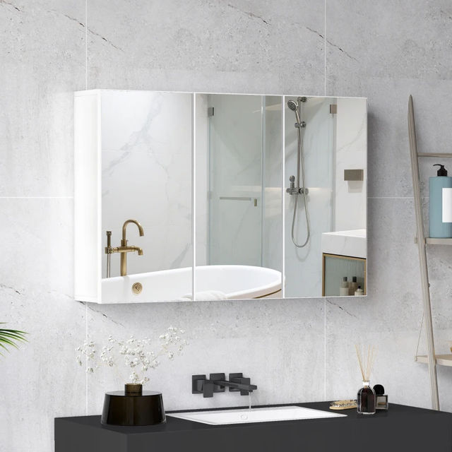 Spiegelschrank Fürs Bad Mit 3 Türen, Wandmontiert, 90 X 15,5 X 60 Cm, Weiß