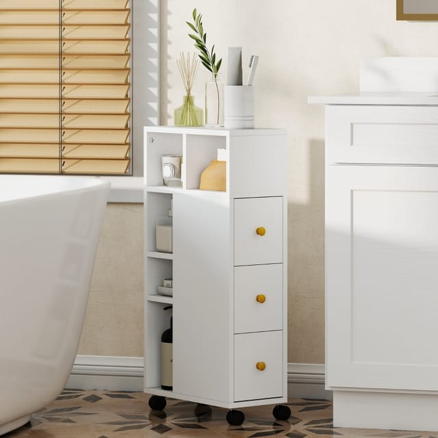 Schmaler Badezimmerschrank Auf Rollen, 3 Schubladen, 5 Offene Fächer, 40 X 20 X 80 Cm, Weiß
