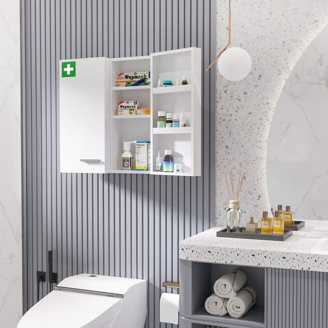 Wand-medizinschrank Mit 2 Türen Und 6 Ablagen, Stahl, Weiß, 55 X 18 X 60 Cm