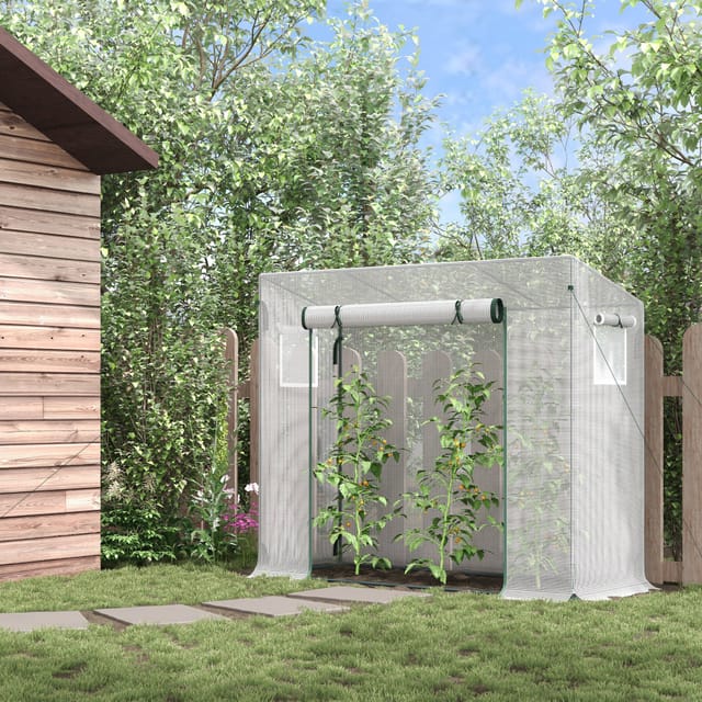 Foliengewächshaus Aus Pe Und Stahl, 200 X 76 X 150/168 Cm, Mit Rolltür Und Seitenfenster, Weiß
