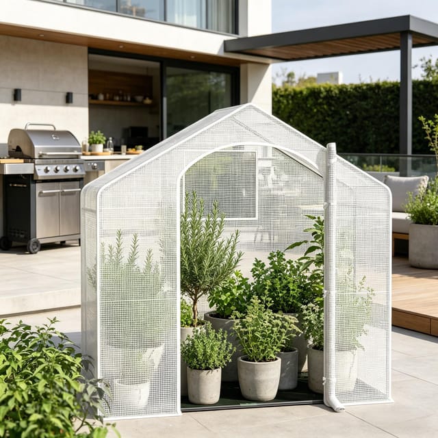 Terrassengewächshaus 200 X 80 X 200 Cm, Stahl Und Weißes Pe, Aufrollbare Reißverschlusstür, Redom