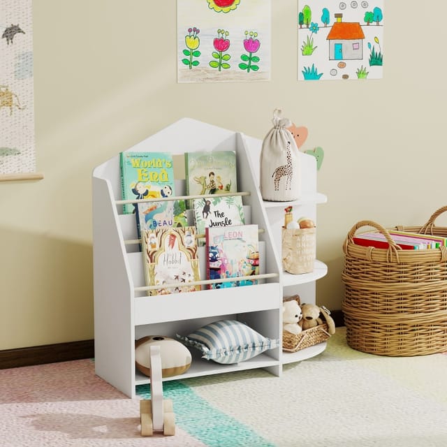 Weißes Kinderregal Aus Holz Mit 7 Fächern, Abgerundeten Kanten, 40 Kg Tragkraft