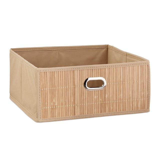 Relaxdays Aufbewahrungskorb Bambus, Badkörbchen Quadratisch, Stoff Regalkorb Flach, Hbt 14 X 31 X 31 Cm, Faltbar, Natur