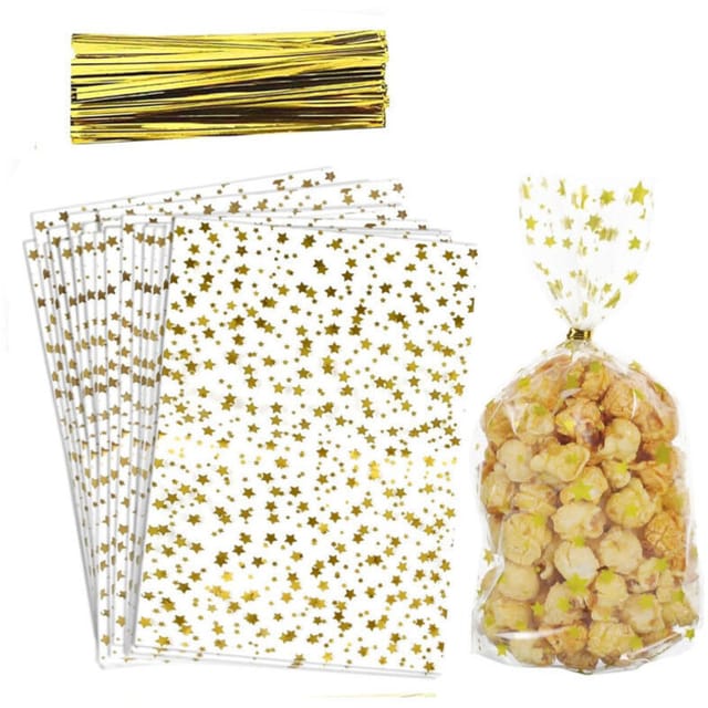 Fliti Goldene Sternförmige Zellophantüten – 100er-packung Mit Metallverschlüssen Für Kekse Und Gebäck
