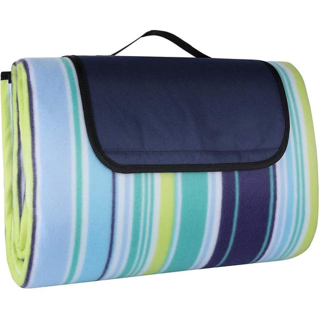 Fliti Wasserdichte Picknickdecke 200 X 200 Cm, 3 Sanddichte Lagen Mit Griff, Vertikales Blau Gestreiftes Muster