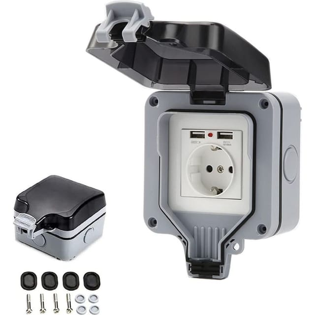 Fliti Ip66 Wasserdichte Außensteckdose Mit 2 Usb-anschlüssen, Wandgehäuse Mit Luftdichtem Deckel – Ideal Für Garten, Garage Und Pool