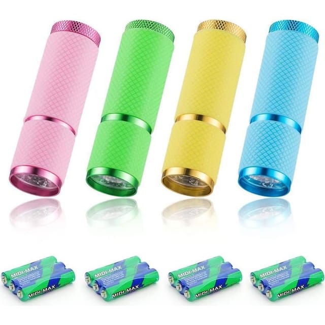 Fliti Mini-led-taschenlampe Für Kinder – 4 Stück Mit Fluoreszierendem Griff, Inklusive Batterien (12 Stück), Ideal Zum Campen, Lesen Und Wandern