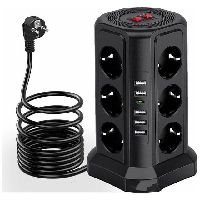 Fliti Turm-steckdosenleiste Mit Überspannungsschutz, 12 Ac-steckdosen + 5 Usb-anschlüsse Mit Einzelschaltern, 1500 J Schutz, 2 M Kabel, Flammhemmendes Material