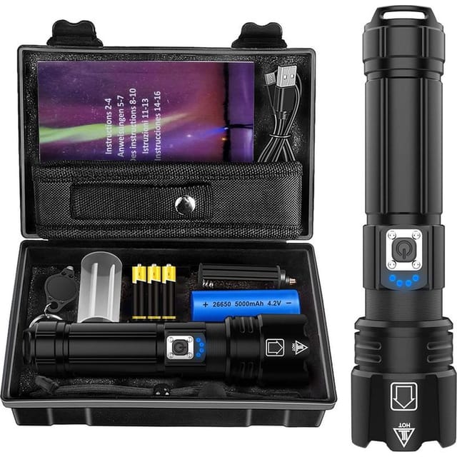 Fliti Ultra-leistungsstarke Wiederaufladbare Led-taschenlampe, 10.000 Lm, Ip67 Wasserdicht, 5 Modi + Zoom, P70 – Für Camping, Wandern & Notfälle