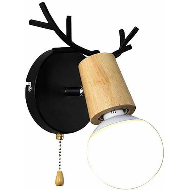Fliti Wandleuchte Aus Holz In Form Eines Hirschgeweihs – Modernes Nordisches Design, Zugschalter, E27-fassung, Schwarz, Leuchtmittel Nicht Enthalten