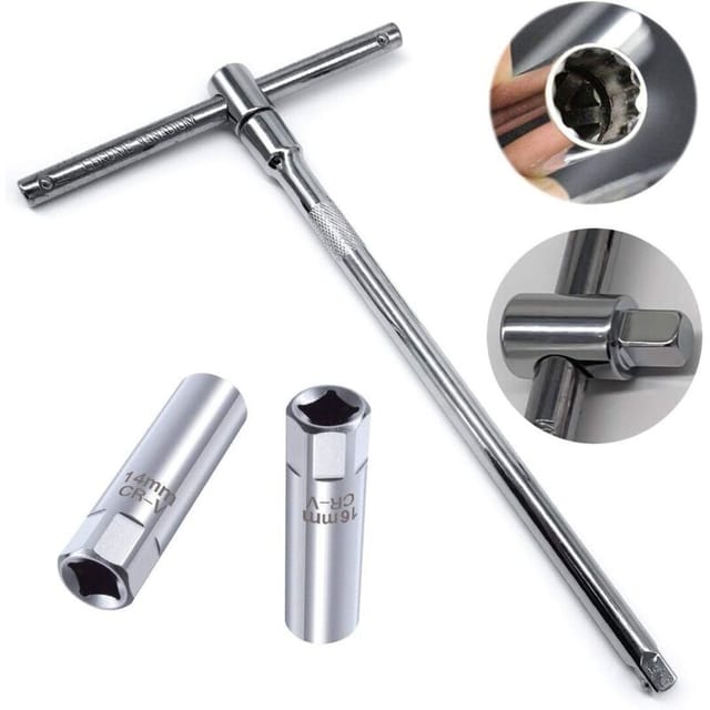 3/8″ Profi-zündkerzensteckschlüssel Mit 14 Mm Und 16 Mm Schmalen Einsätzen (2 Stück) + 25 Cm Verlängerung Und Verstellbarem T-griff