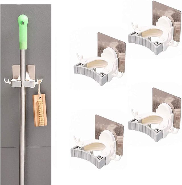 4 Stück Besenhalter, Selbstklebender Mopphalter Mit Haken, Selbstklebender Wandhalter, Werkzeuge, Federklemme, Aufbewahrungsorganizer Für Küche, Garten, Balkon, Garage, Grau