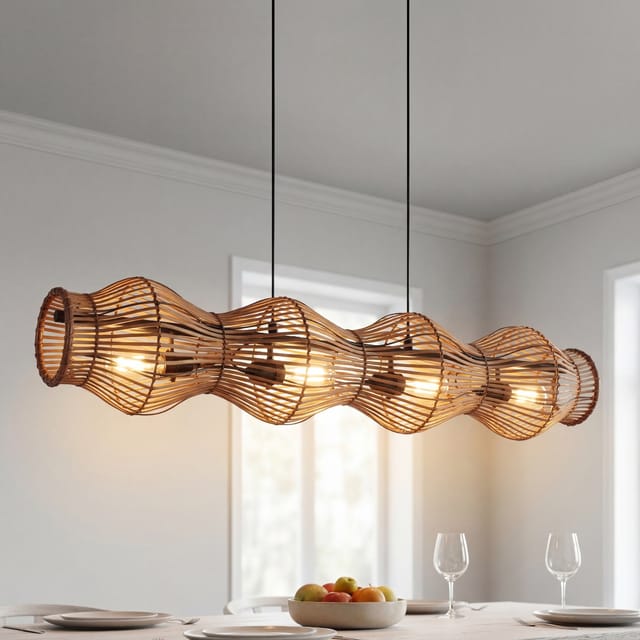 Pendelleuchte Holz Aluminium E27 H: Max. 145 Cm Schwarz Braun 4-flammig Länglich Skandinavisch