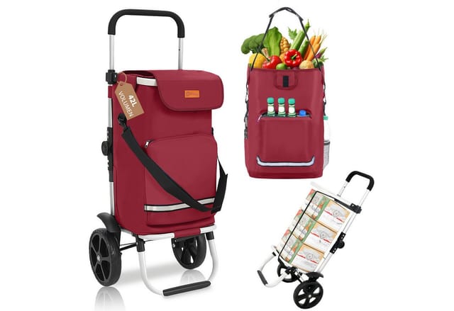 Sekey 3-in-1 Einkaufstrolley Klappbar, Abnehmbare Tasche 42l, Alu Einkaufswagen Mit Rollen, Mit Kühlfach Und Spanngurt, Rot