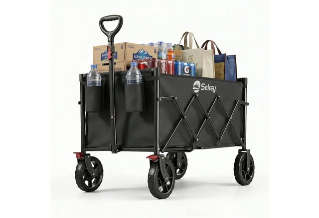 Sekey Bollerwagen Faltbar Handwagen Transportkarre Gerätewagen Inkl. 2 Netztaschen Bis 100 Kg Tragkraft Schwarz