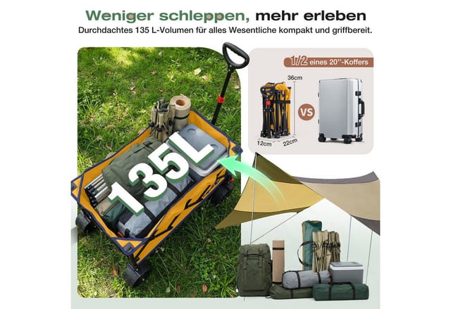 Sekey 150kg Bollerwagen Faltbar Handwagen Mit Breiten Reifen Campingwagen Mit Bremse, Gelb