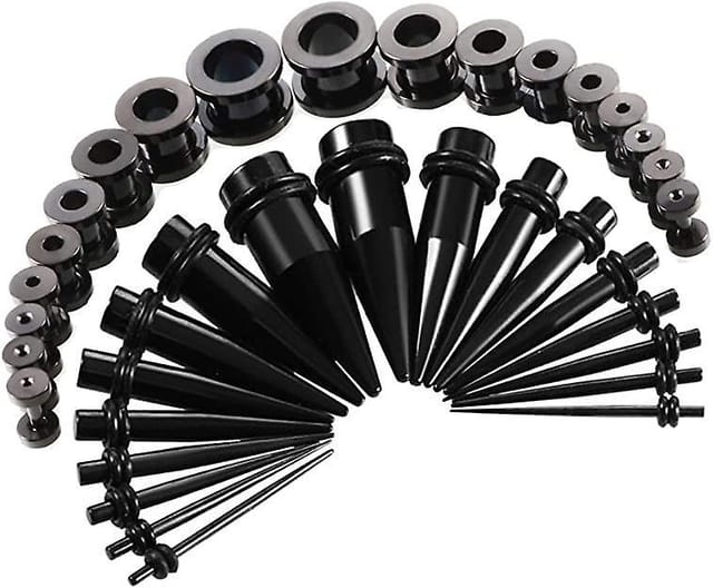 Set Mit 36 Dehnbaren Ohrstöpseln (schwarz), Metall, 18 Dehnbare Ohrstöpsel + 18 Löcher, Hautfarben, Doppelt Gewellt, Edelstahl, 1,6 Mm – 10 Mm
