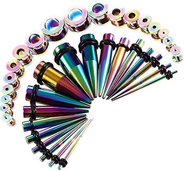 Konvolut Mit 36 Dehnbaren Ohrstöpseln (farben) Metall, 18 Dehnbare Ohrstöpsel + 18 Löcher, Hautfarben, Doppelt Gewellt, Edelstahl, 1,6 Mm – 10 Mm