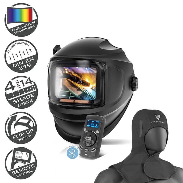 Stahlwerk Automatik-schweißhelm Master 3-in-1 Im Set Mit Schweißhaube – True-colour-echtfarbwiedergabe, Jobspeicher, Fernbedienung, Automatische Abdunkelung Din 4 - Din 14, Optische Klasse 1/1/1/1