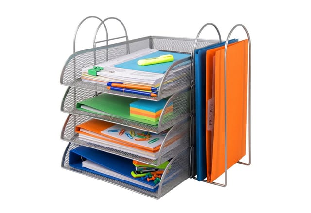 Relaxdays Briefablage, Metall, A4, 4 Fächer, 2 Stehsammler, Hxbxt: 33 X 40,5 X 33,5 Cm, Schreibtisch Organizer, Silber