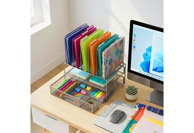 Relaxdays Schreibtisch Organizer, Ordnerhalter Mit Schublade & 6 Ablagen, Büro, Hbt: 36 X 35 X 24,5 Cm, Metall, Silber